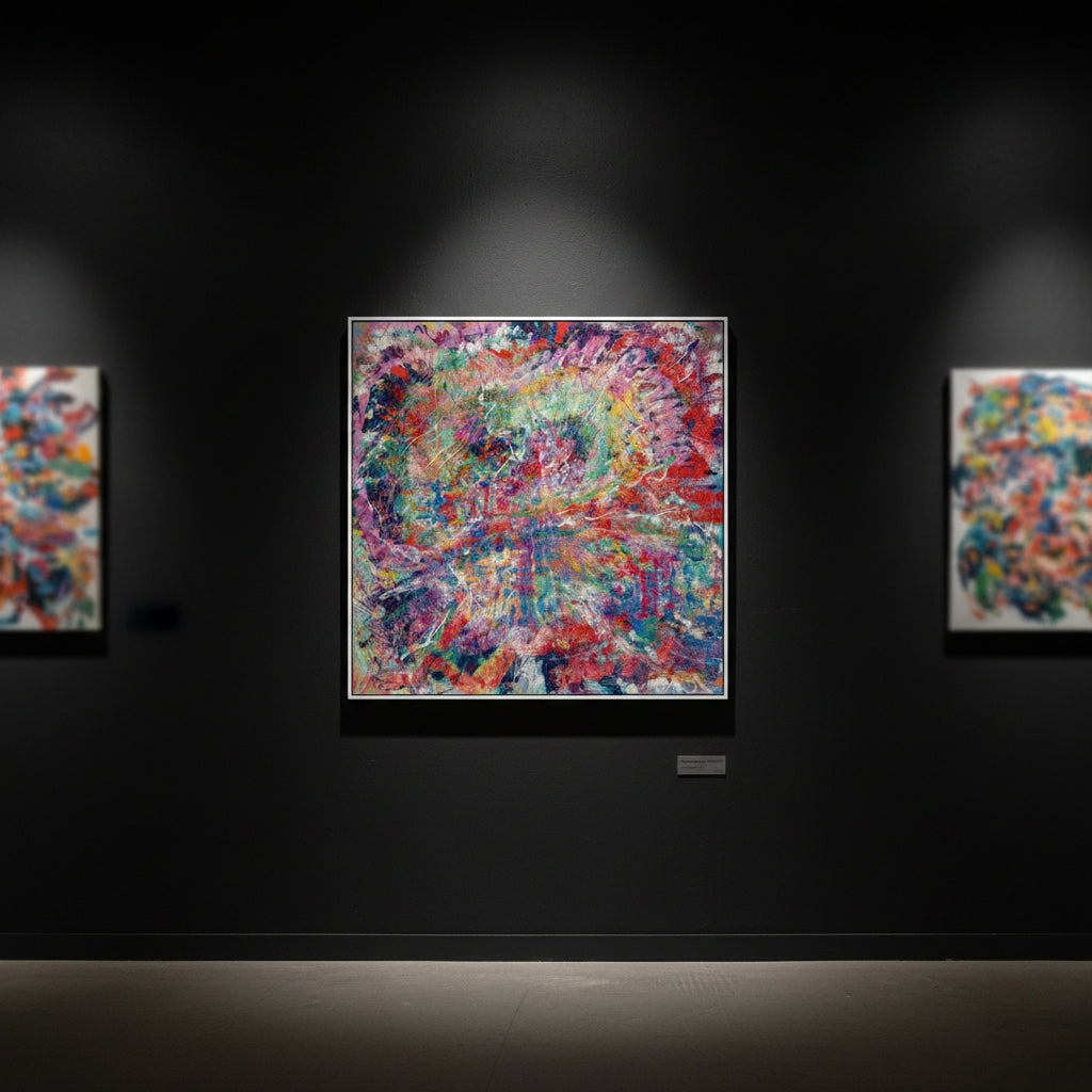 Colorful abstract painting on a dark wall with spotlight effect