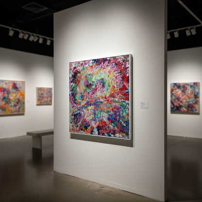Art gallery with colorful abstract paintings on white walls
