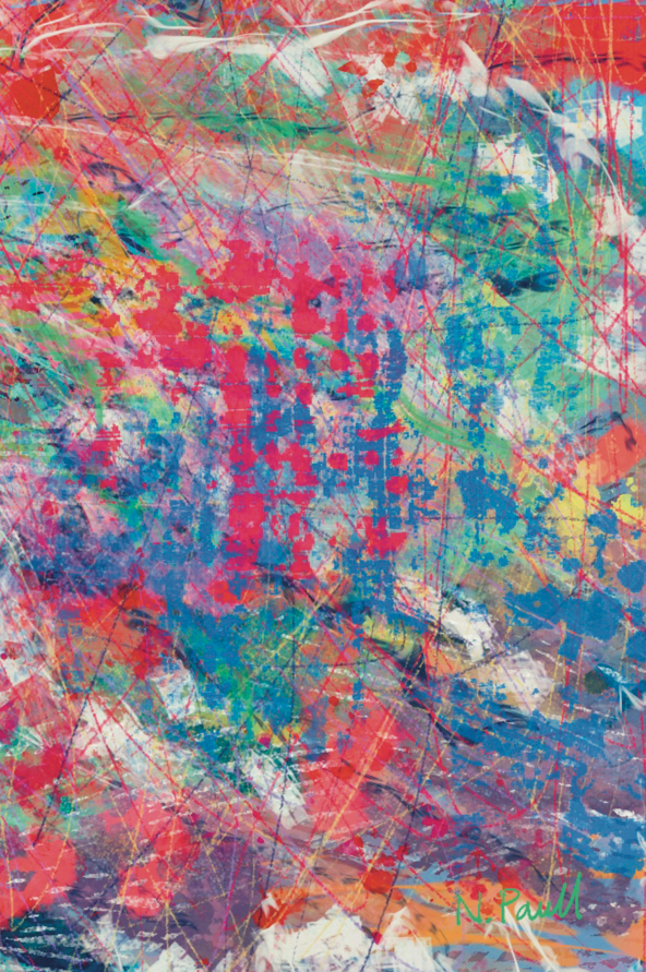 Abstract art with a mix of red, blue, green, and purple colors.