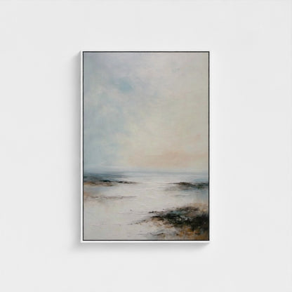 Framed artwork of a landscape with a sky and water scene on a white background