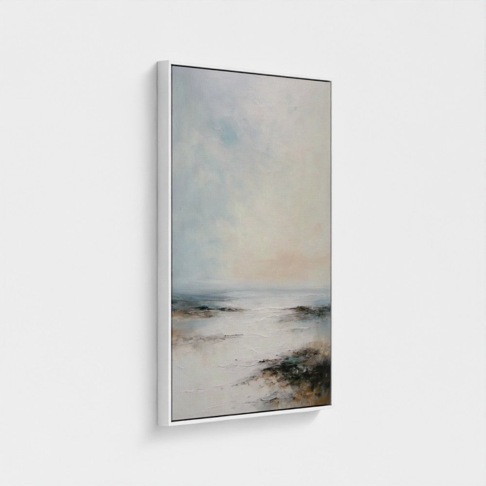 Framed abstract artwork with a landscape theme on a white background