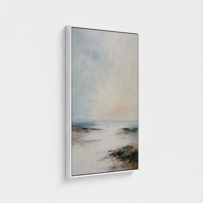 Framed abstract artwork with a landscape theme on a white background
