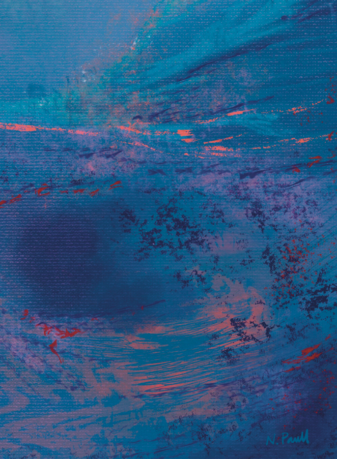 Abstract art with blue, purple, and red colors on a textured surface.