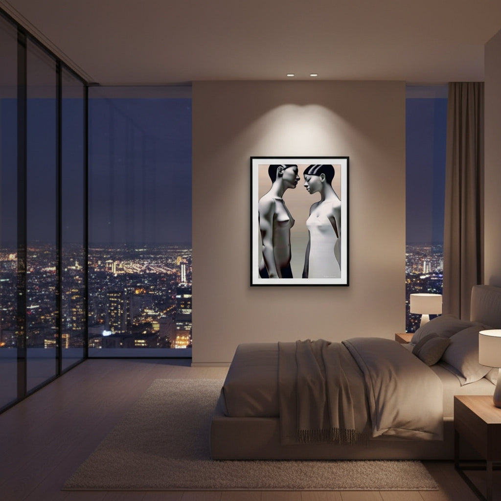 Modern bedroom with cityscape view, bed, and framed artwork on wall.