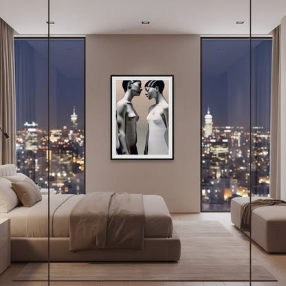 Modern bedroom with cityscape view, bed, and artwork on wall.