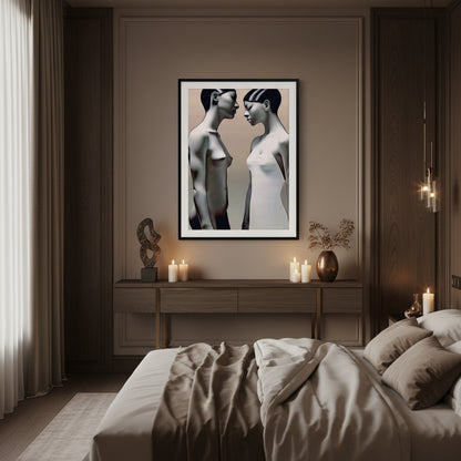 Modern bedroom with a framed artwork of two abstract figures on the wall.