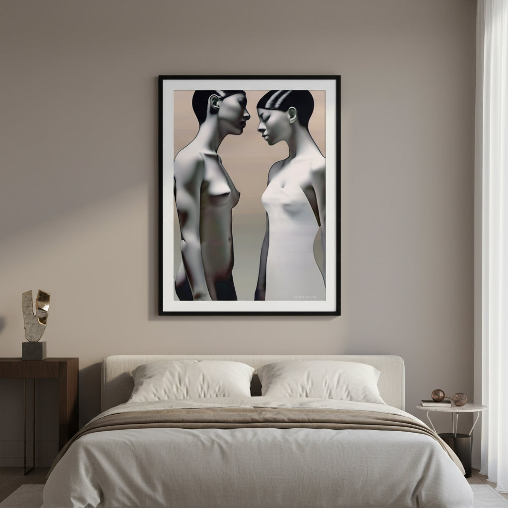Framed artwork of two abstract figures on a wall above a bed in a bedroom.