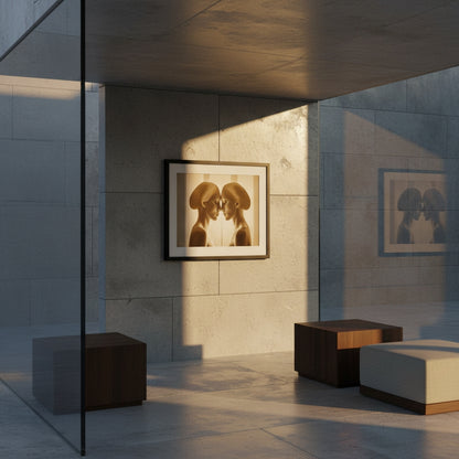 Modern interior with abstract art on a wall, minimal furniture, and reflective glass.