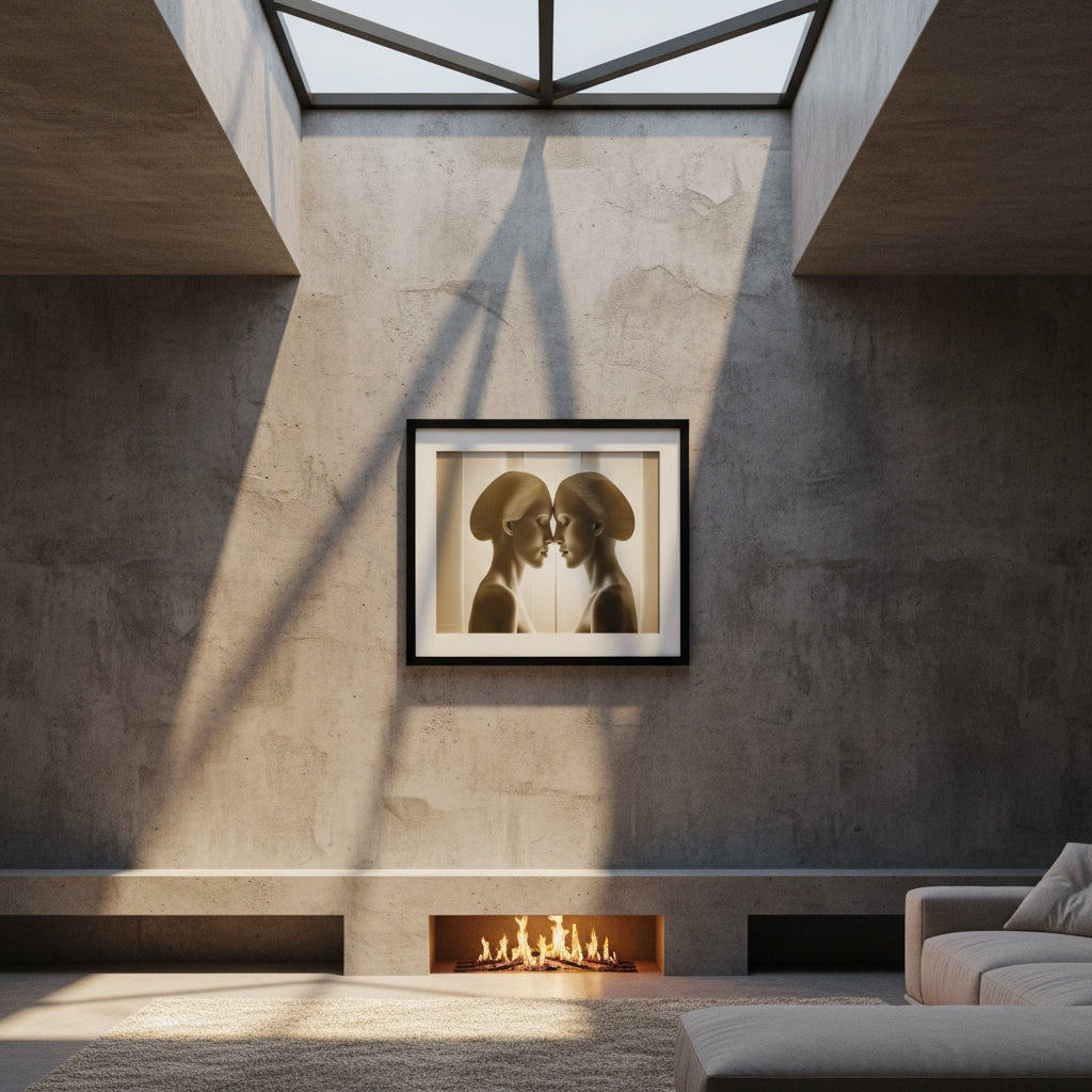 Framed artwork on a wall with a modern interior setting featuring a fireplace and sofa.