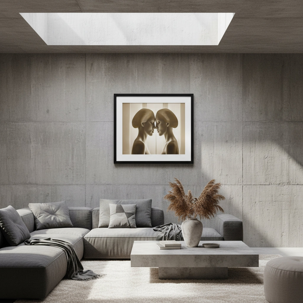 Modern living room with a framed artwork on the wall