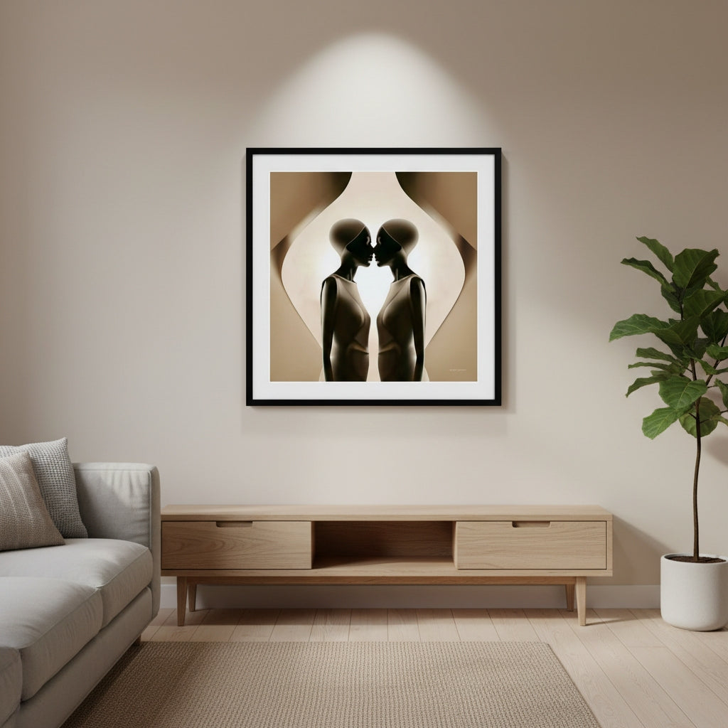 Two abstract human figures facing each other with a heart-shaped background
