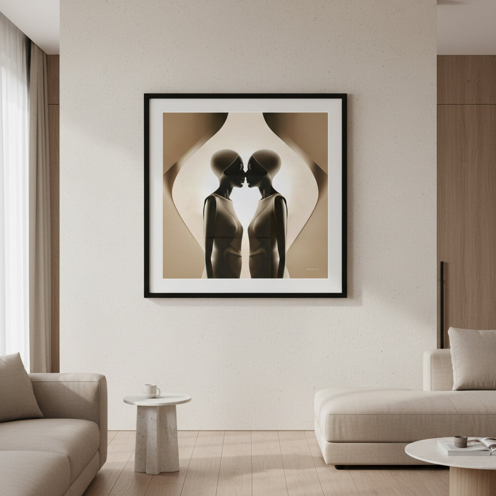 Two abstract human figures facing each other with a heart-shaped background