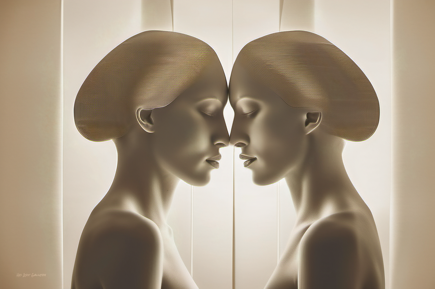 Two symmetrical mannequin heads facing each other against a neutral background