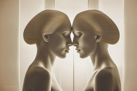 Two symmetrical mannequin heads facing each other against a neutral background