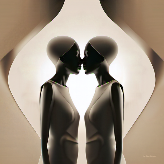 Two abstract human figures facing each other with a heart-shaped background