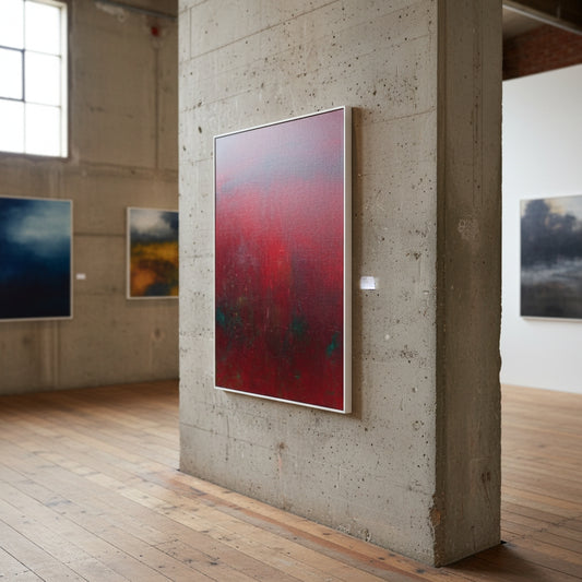 Abstract painting on a concrete wall in an art gallery.
