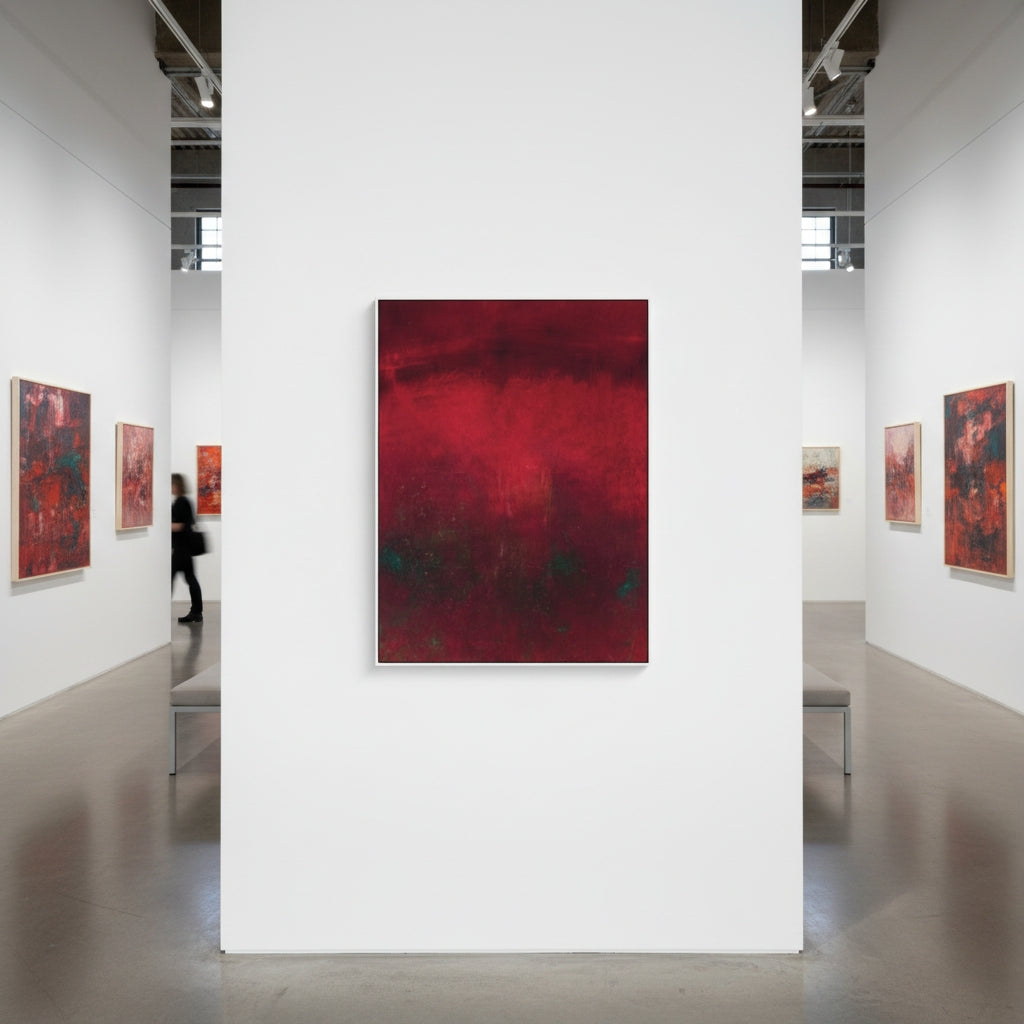 Art gallery with abstract red painting on a white wall