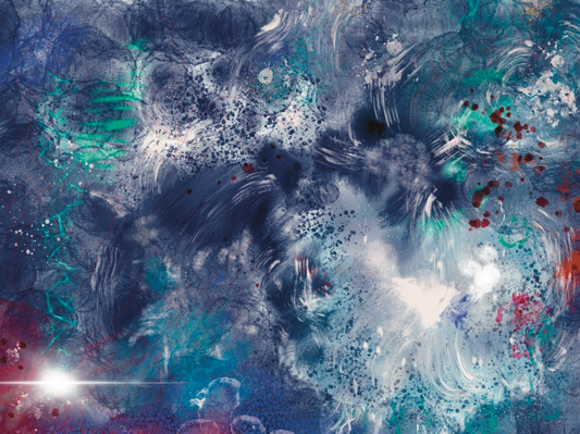 Abstract art with swirling blue, white, and red colors