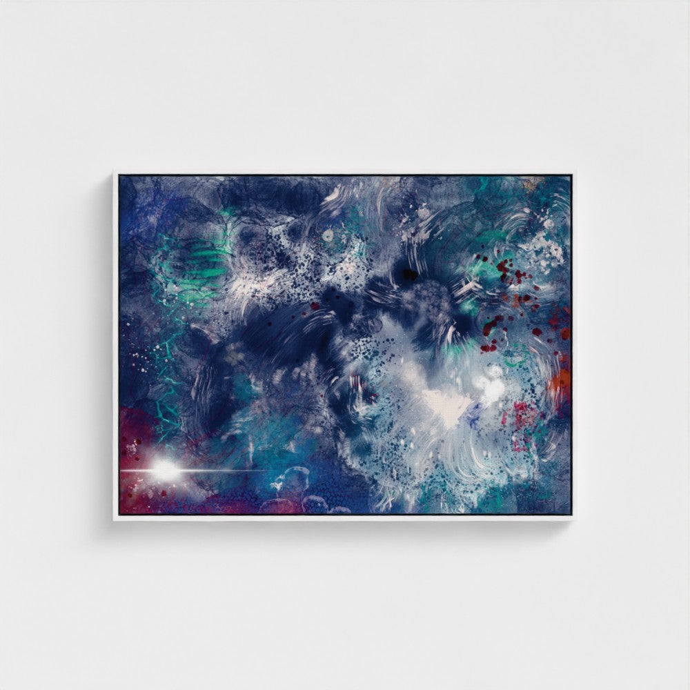 Abstract art piece with swirling colors on a white background