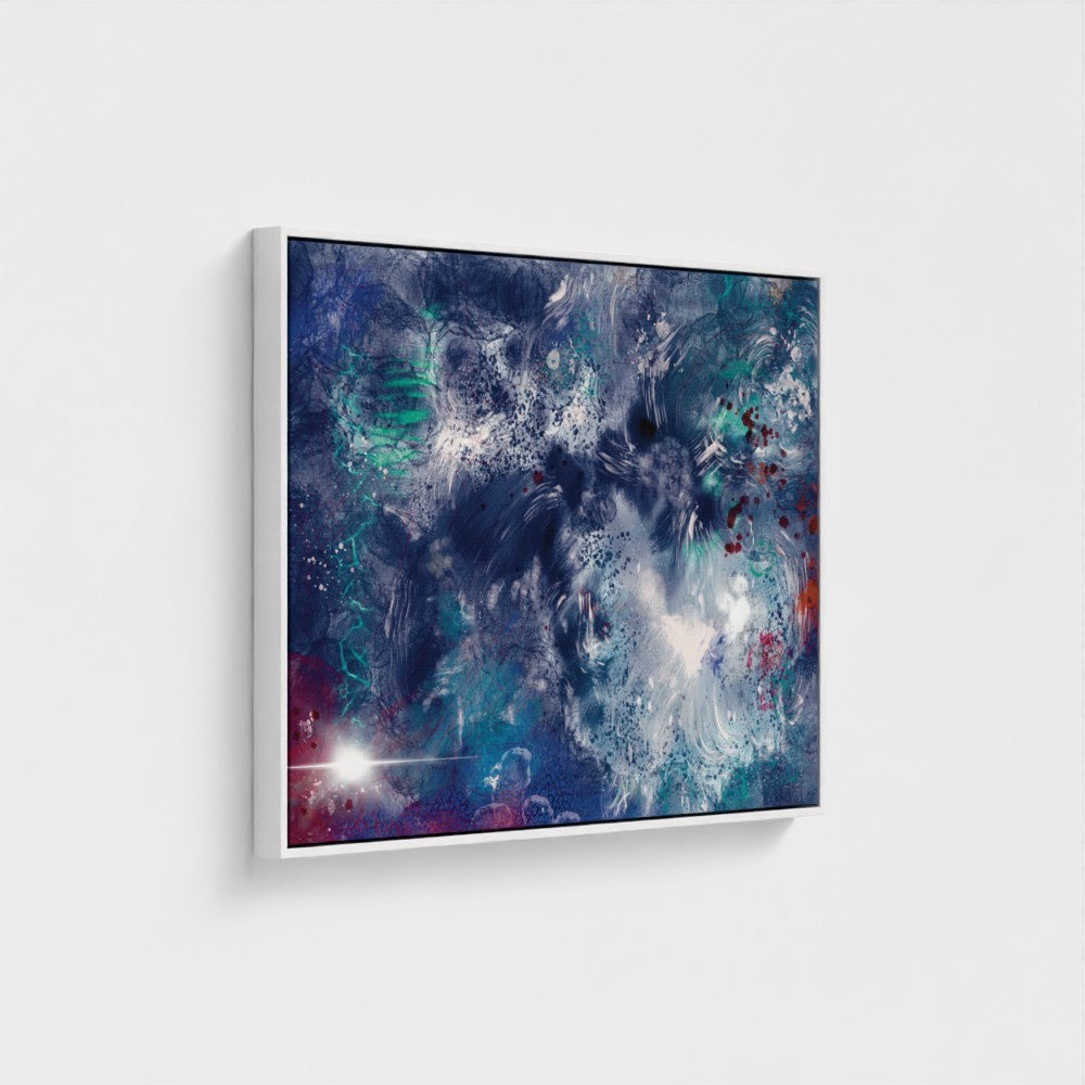 Abstract artwork with swirling colors on a white wall