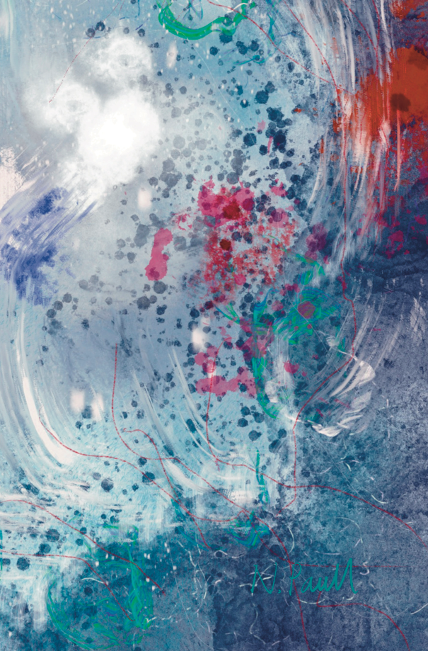 Abstract artwork with splashes of red, blue, and green on a textured background
