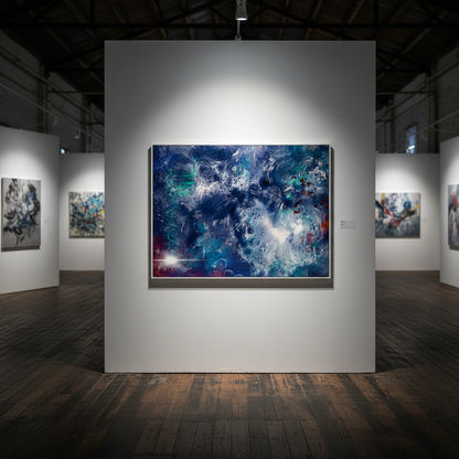 Art gallery with abstract paintings on white walls