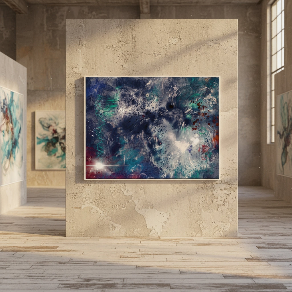 Abstract painting on a textured wall in an art gallery setting