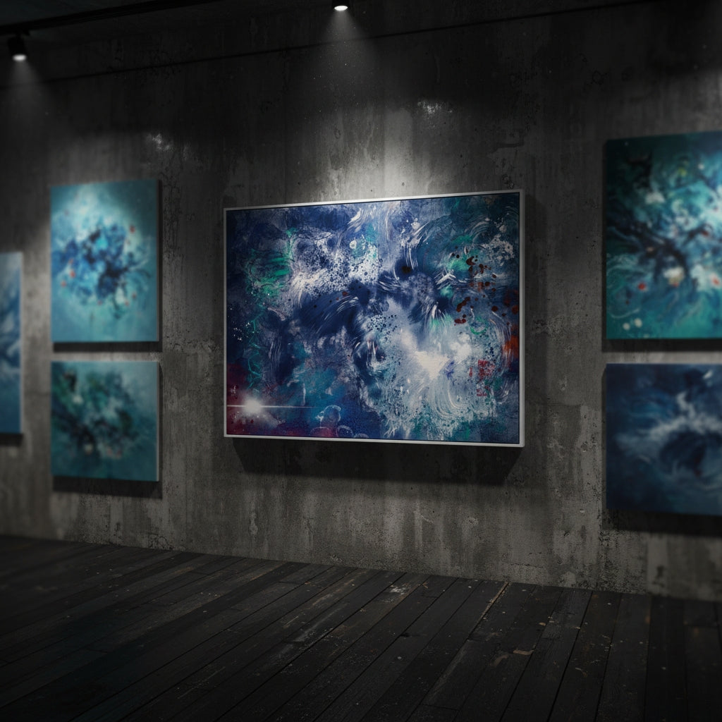 Artistic wall display with abstract blue and white artworks in a dark room.