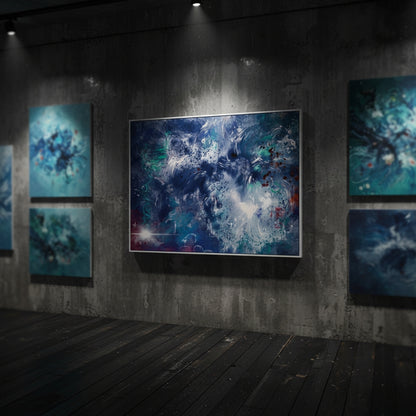 Artistic wall display with abstract blue and white artworks in a dark room.