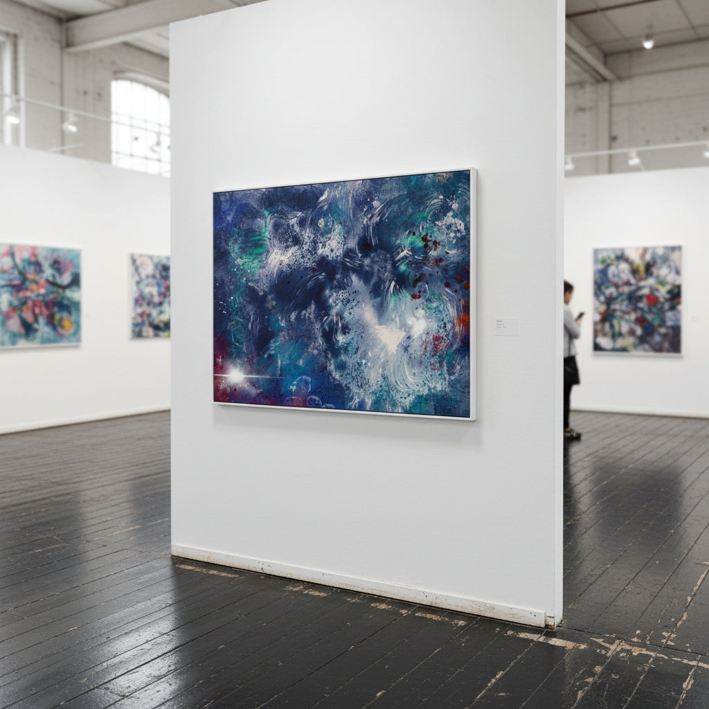 Art gallery with abstract paintings on white walls