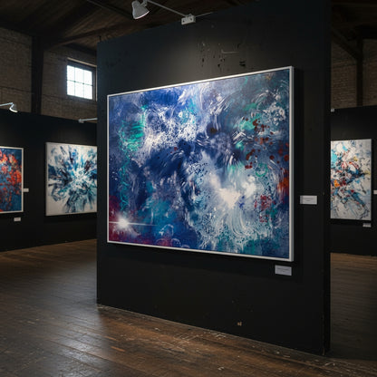 Abstract art exhibition with large blue and white painting on a black wall.