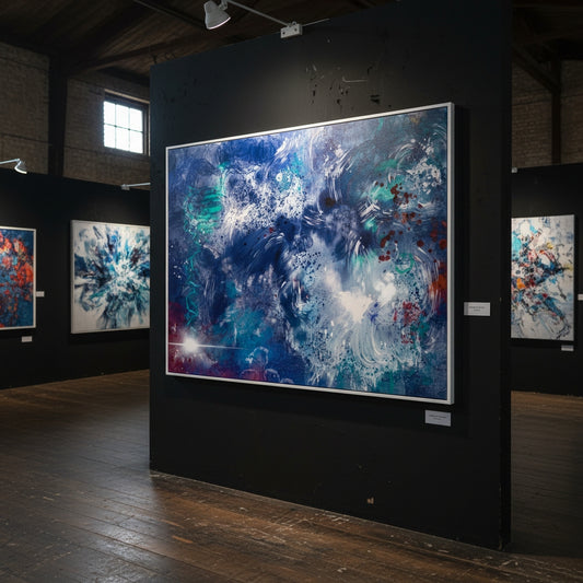Abstract art exhibition with large blue and white painting on a black wall.