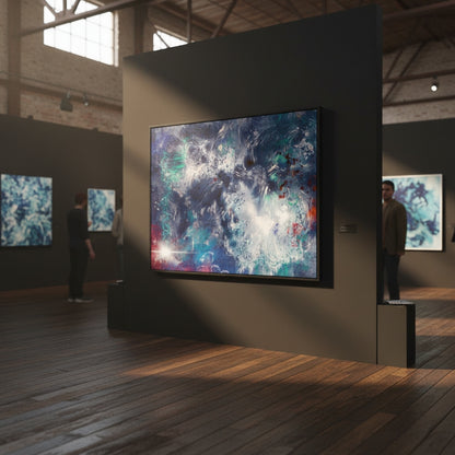 Art gallery with abstract paintings on a wall