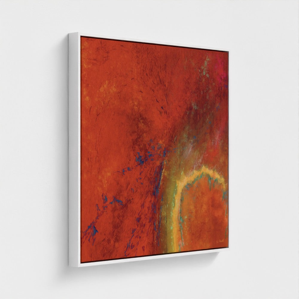 Abstract painting with red, orange, and yellow colors on a white background