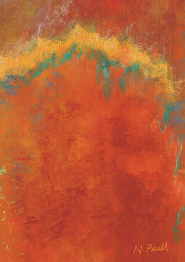 Abstract art with orange and green hues on a textured background