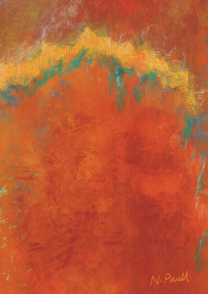 Abstract art with orange and green hues on a textured background