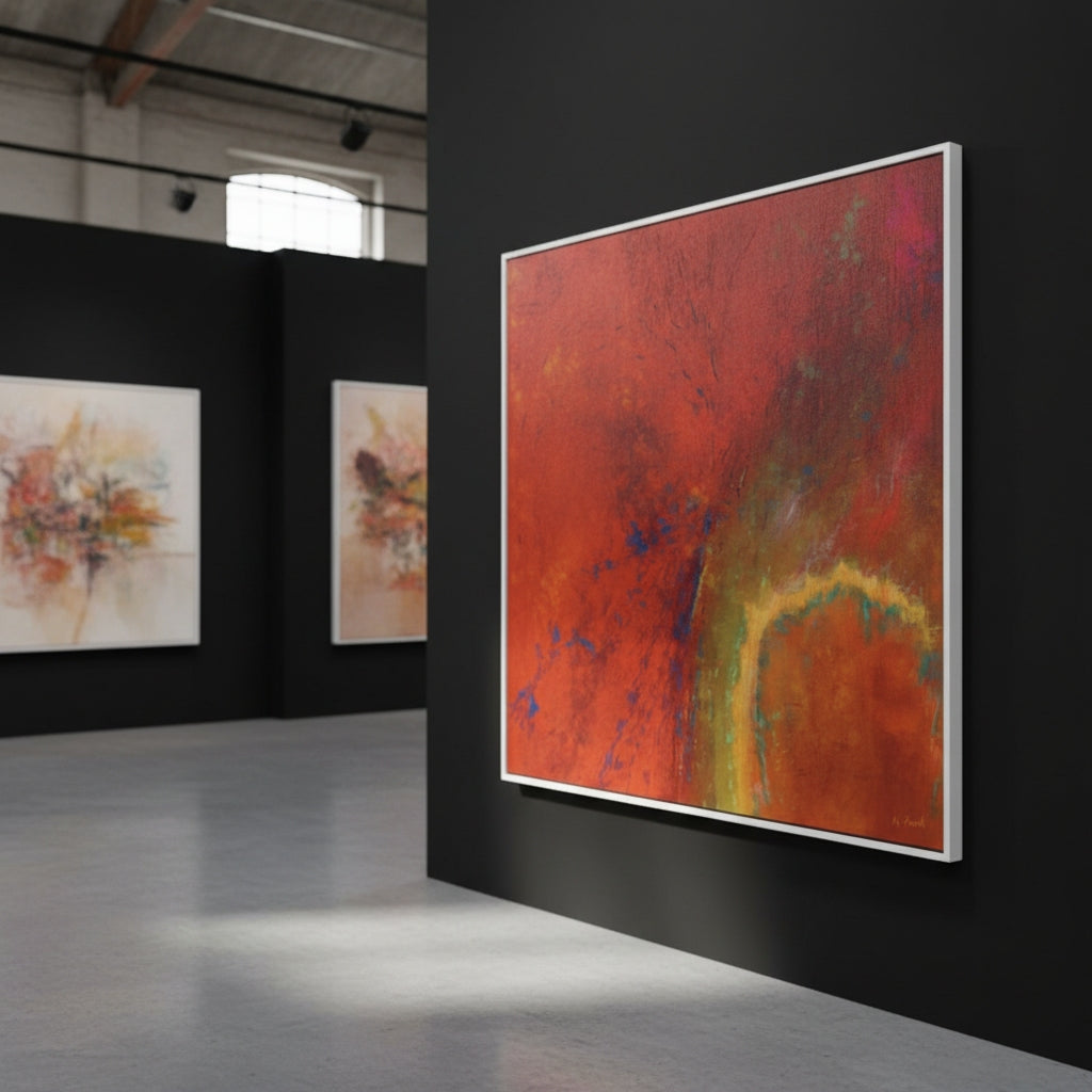 Art gallery with abstract paintings on black walls
