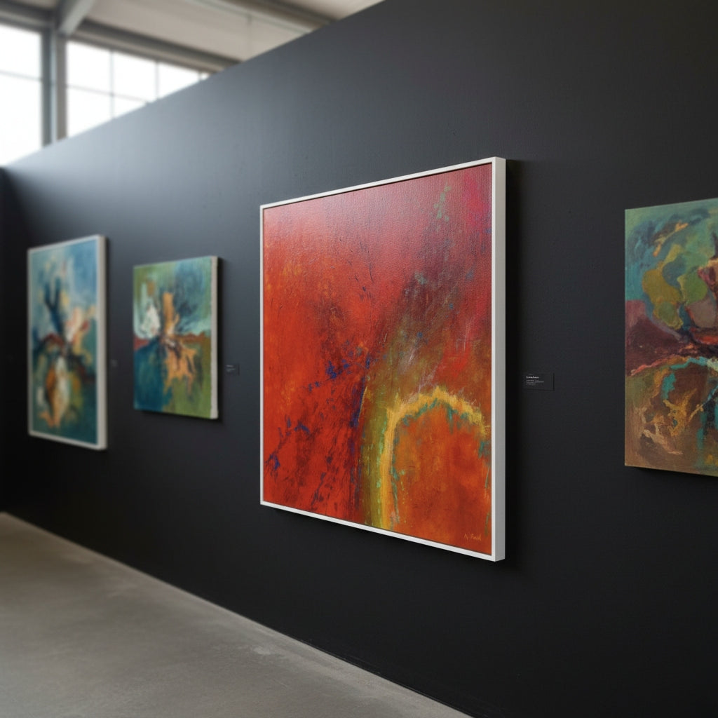 Art gallery with abstract paintings on a black wall