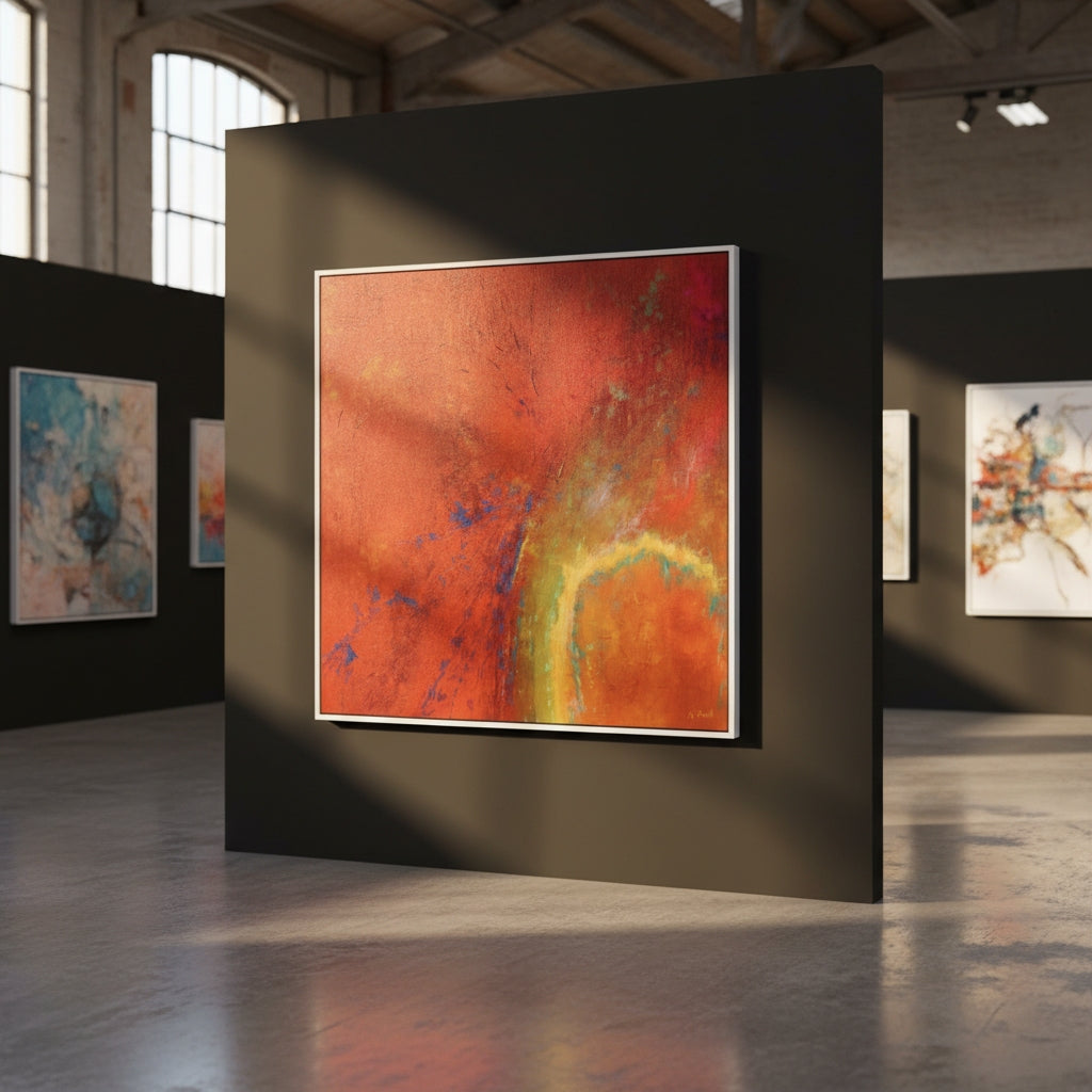 Art gallery with a large abstract painting on a dark wall