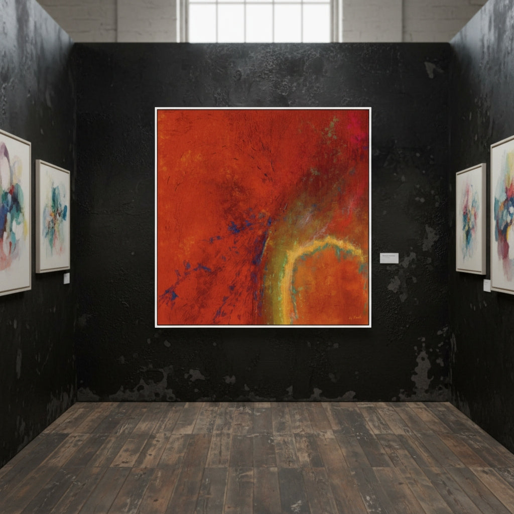 Modern bedroom with a bed, artwork on the wall, and a plant.