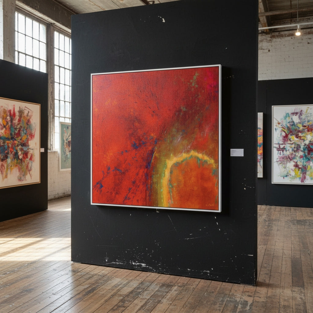 Art gallery with abstract paintings on black walls