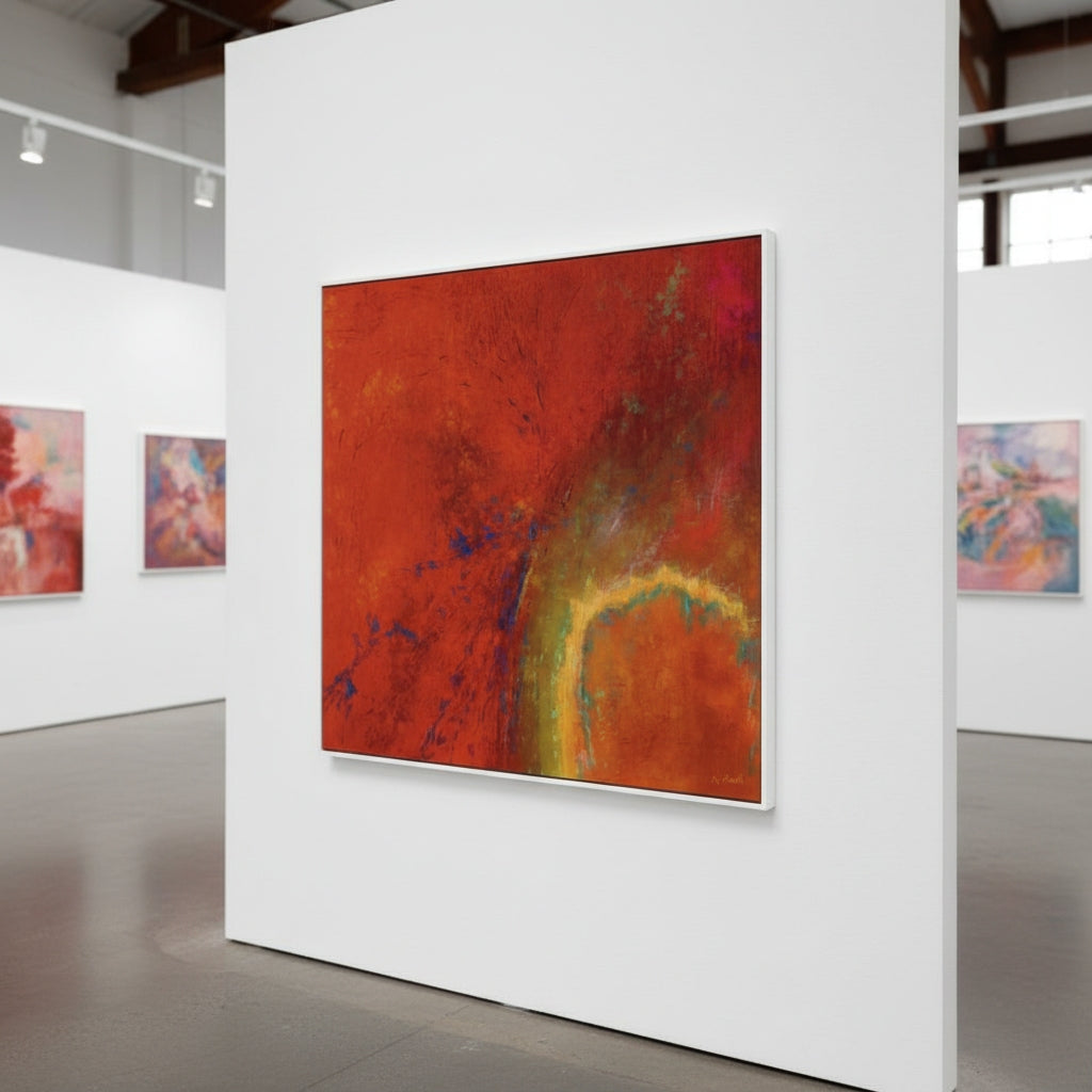 Abstract art piece on a white wall in an art gallery