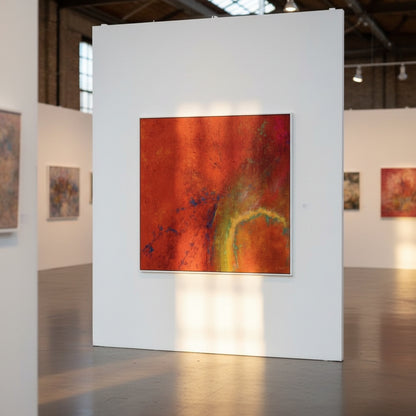 Art gallery with a large abstract painting on a white wall