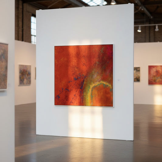 Art gallery with a large abstract painting on a white wall