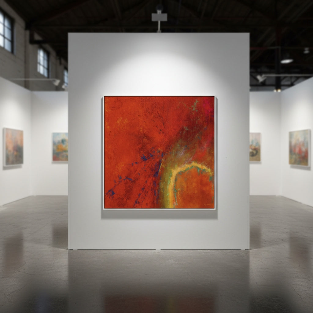 Abstract painting on a white wall in an art gallery