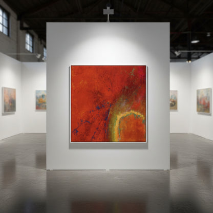 Abstract painting on a white wall in an art gallery