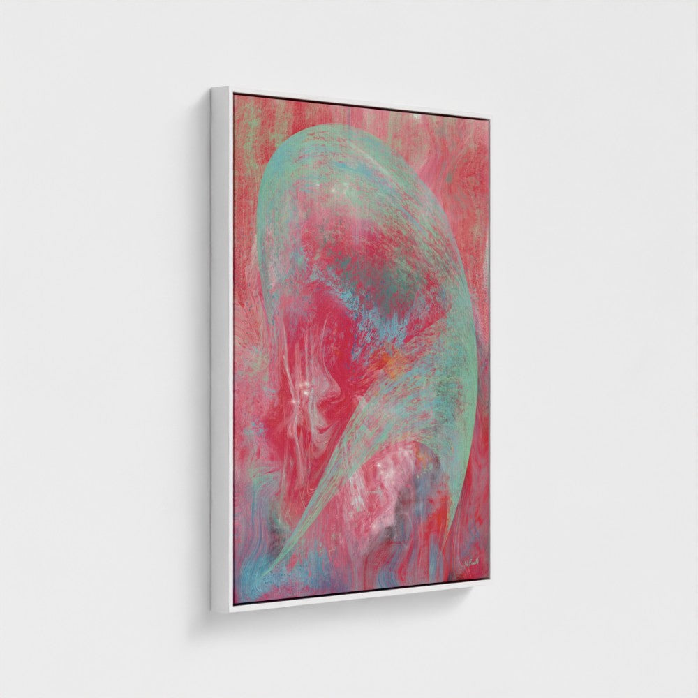 Abstract art piece with pink and green colors on a white background