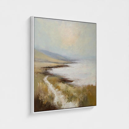 Framed painting of a landscape with a path and body of water on a white background